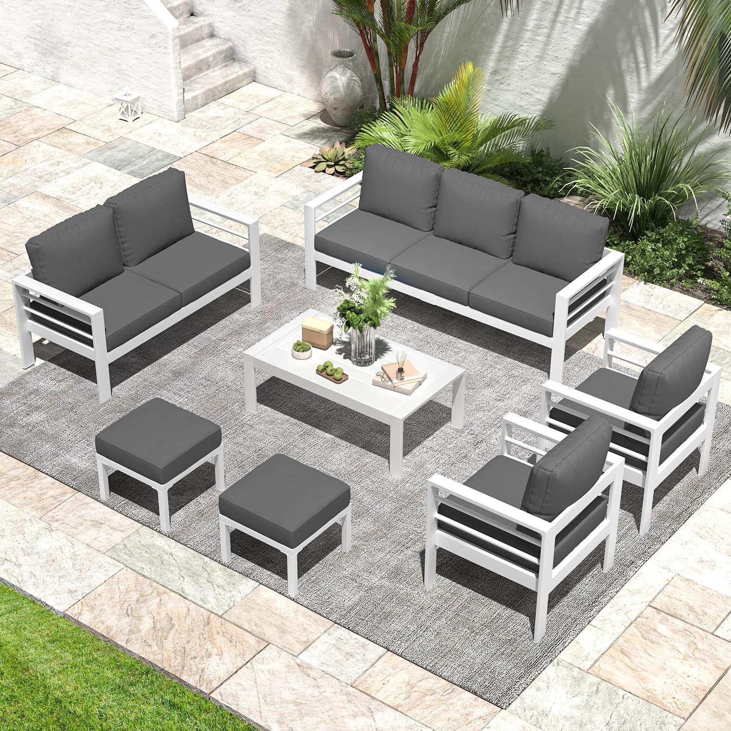 Modern Aluminum Patio Furniture Set with Cushions and Table-4