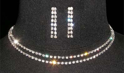 #14285 - Simple 2 Row Rhinestone Neck and Ear Set