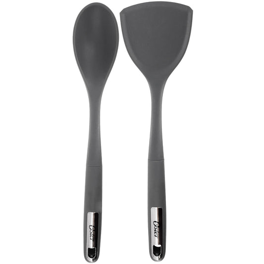 Oster Ridgecrest 2 Piece Silicone Kitchen Tool Serving Spoon and Turner Set in Gray