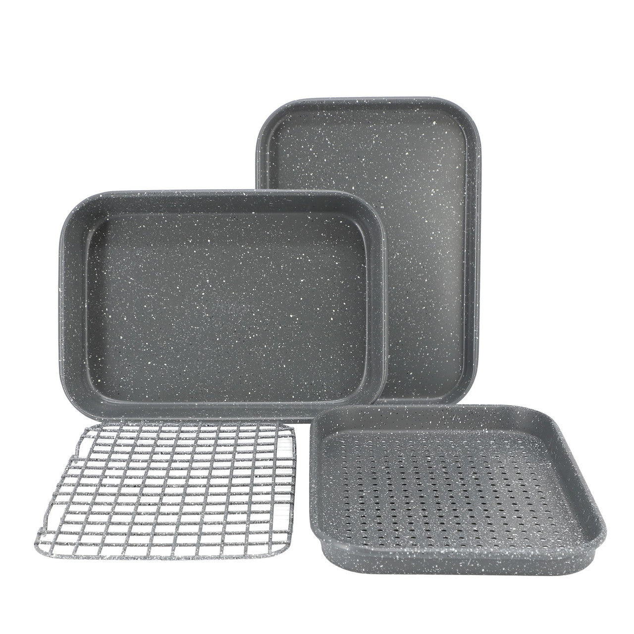 Oster Greystone 4 Piece Nonstick Carbon Steel Toaster Oven Bakeware Set in Speckled Grey