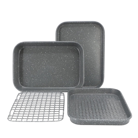 Oster Greystone 4 Piece Nonstick Carbon Steel Toaster Oven Bakeware Set in Speckled Grey
