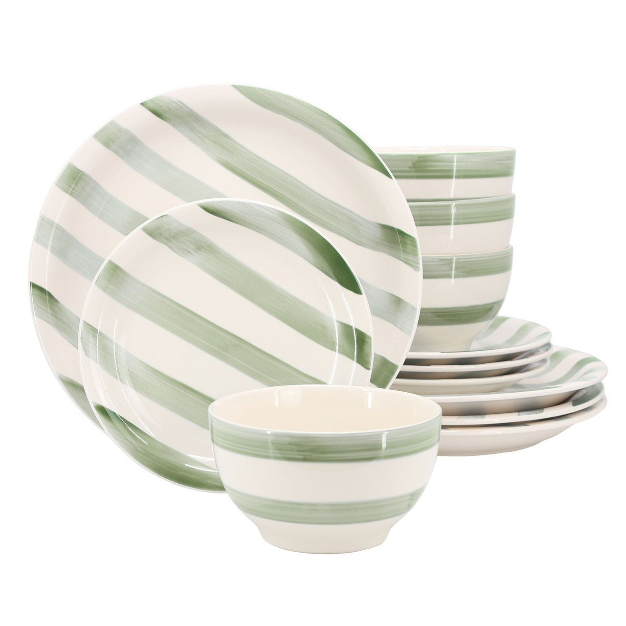 Gibson Home Kenwood Shores 12 Piece Stoneware Dinnerware Set in Green Stripe
