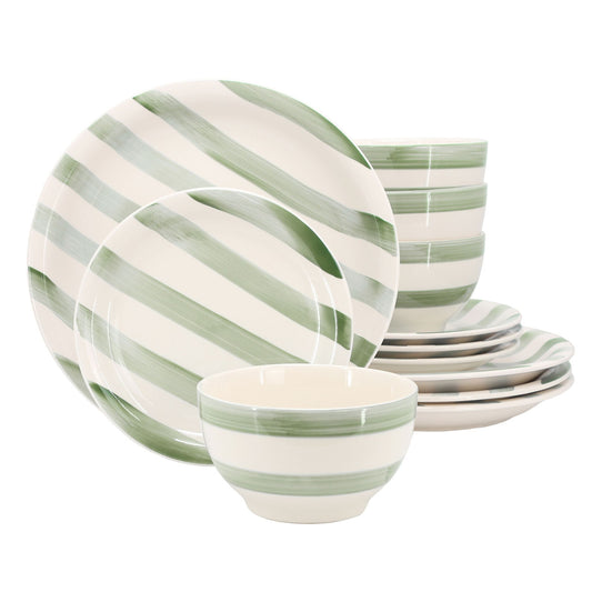 Gibson Home Kenwood Shores 12 Piece Stoneware Dinnerware Set in Green Stripe