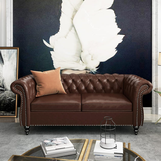 3 Piece Living Room Set, Chesterfield Leather Sofa Loveseat Couch Chair with Scroll Arms and Nailhead for Living Room, Office (Dark Brown)