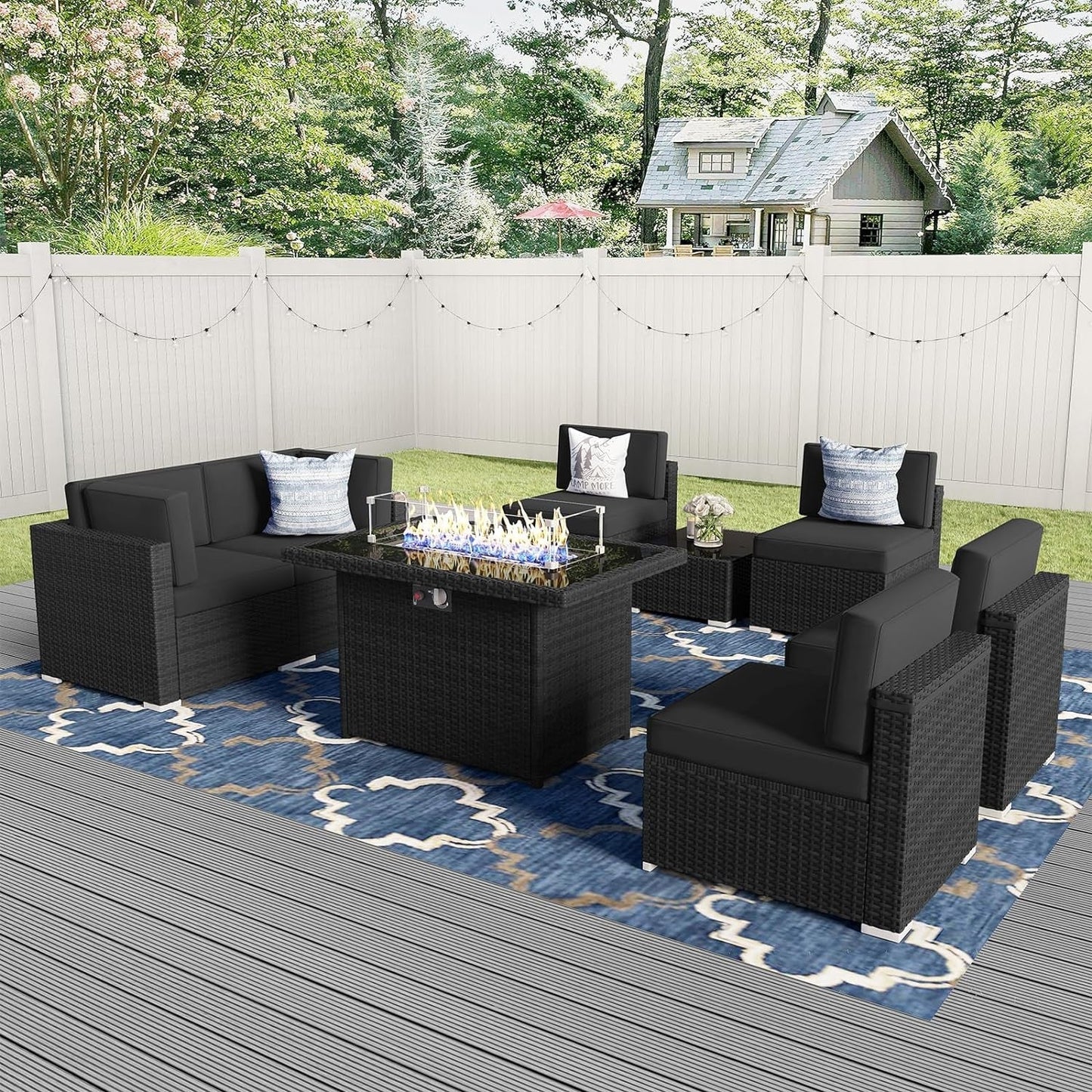 8 Pieces Patio Furniture Set with 44" Propane Gas Fire Pit Table, Outdoor Sectional Wicker Conversation Sofa Sets with Coffee Table-0