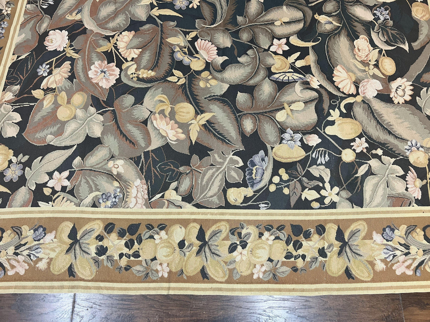 Large Needlepoint Rug 9x13, Handmade Wool Flatweave Vintage Rug, Leaves, Green-4