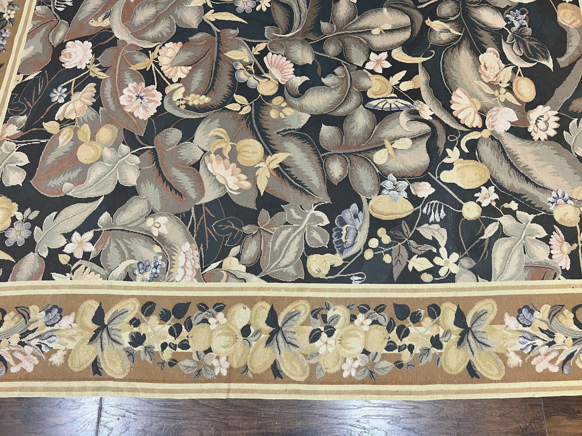 Large Needlepoint Rug 9x13, Handmade Wool Flatweave Vintage Rug, Leaves, Green-4