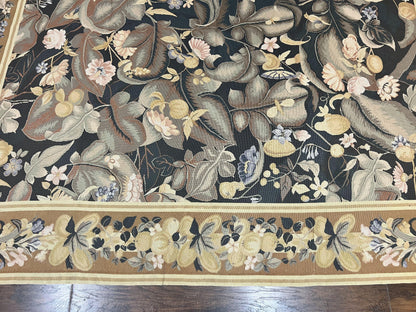 Large Needlepoint Rug 9x13, Handmade Wool Flatweave Vintage Rug, Leaves, Green-4