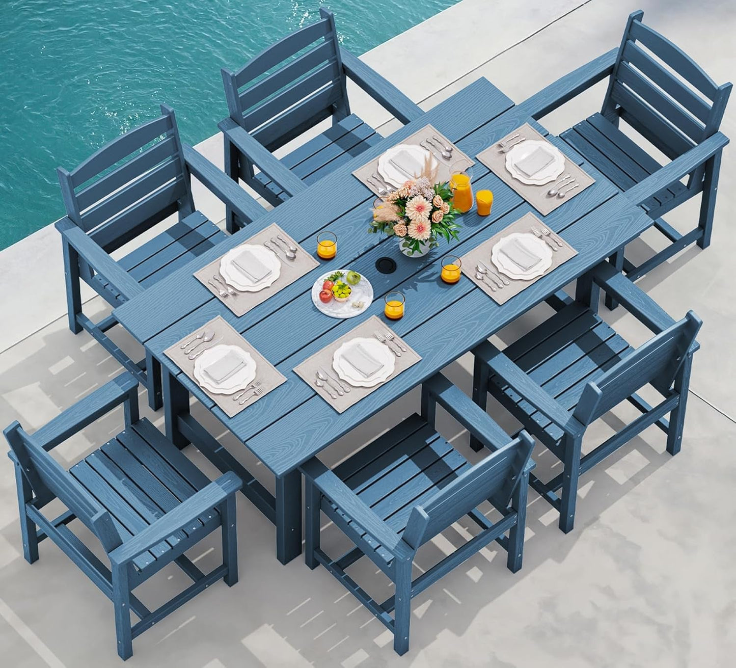 7-Piece Patio Dining Table Sets, Outdoor HDPE Dining Furniture Set with Umbrella Hole Cut-Out Table and 6 Chairs, Blue