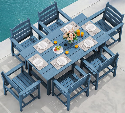 7-Piece Patio Dining Table Sets, Outdoor HDPE Dining Furniture Set with Umbrella Hole Cut-Out Table and 6 Chairs, Blue