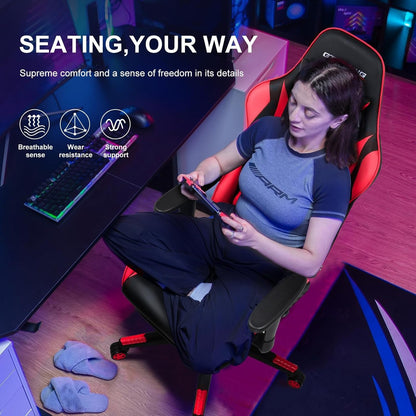 Gaming Chair with Footrest, Ergonomic Computer Game Desk Chair, Reclining Gaming Chair Seat Height Adjustment, Swivel Rocker with Headrest and Lumbar (Brickred)