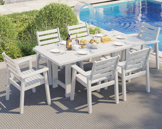 7-Piece HDPE Outdoor Dining Table Set with 6 Chairs, 71" L Patio Dining Furniture Set with Umbrella Hole, Modern Dinner Table & Chairs Set for Garden, Backyard, Poolside, White-0