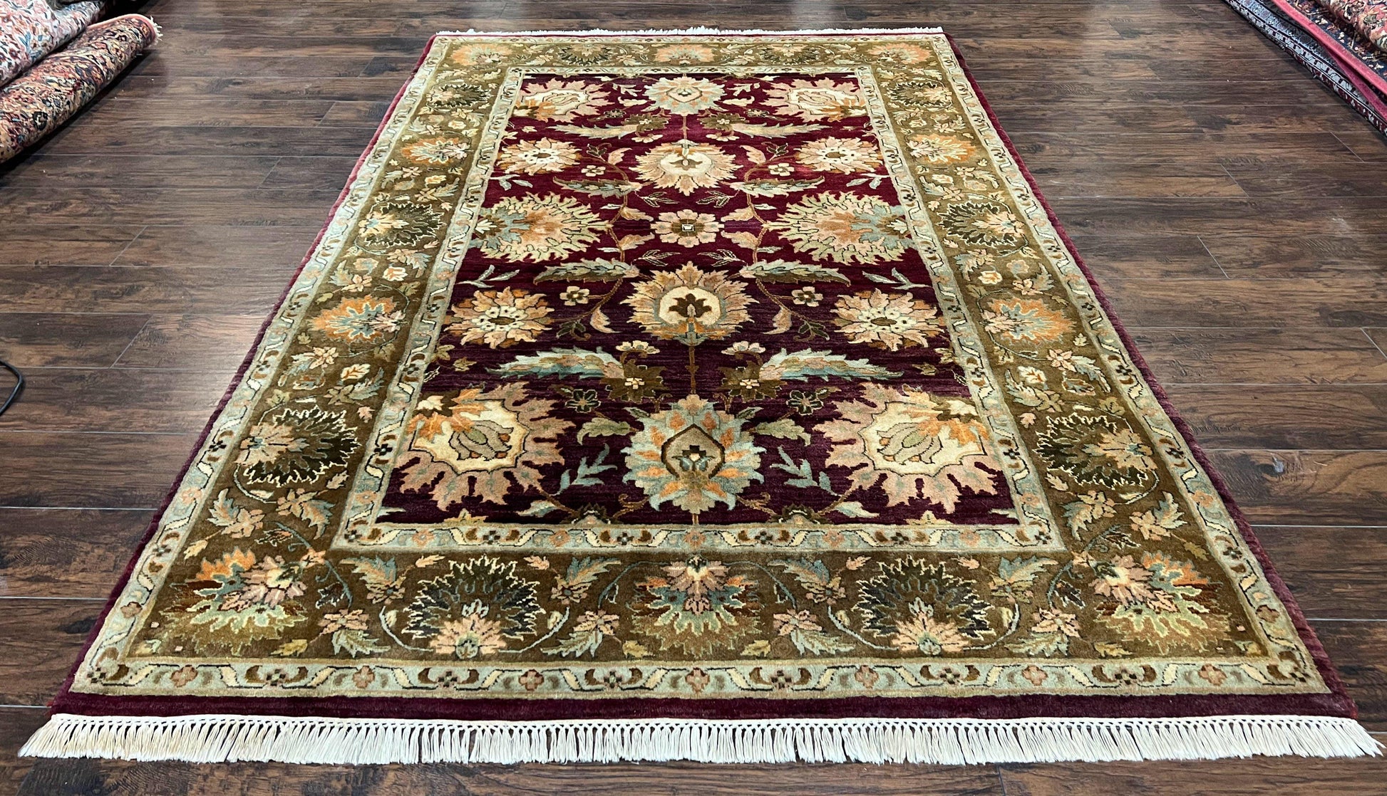 Indo Mahal Rug 6x9, Large Flowers Allover, Maroon and Green, Handmade Wool Area Rug, Vintage Rug, Indian Oriental Carpet, Hand Knotted Rug-0