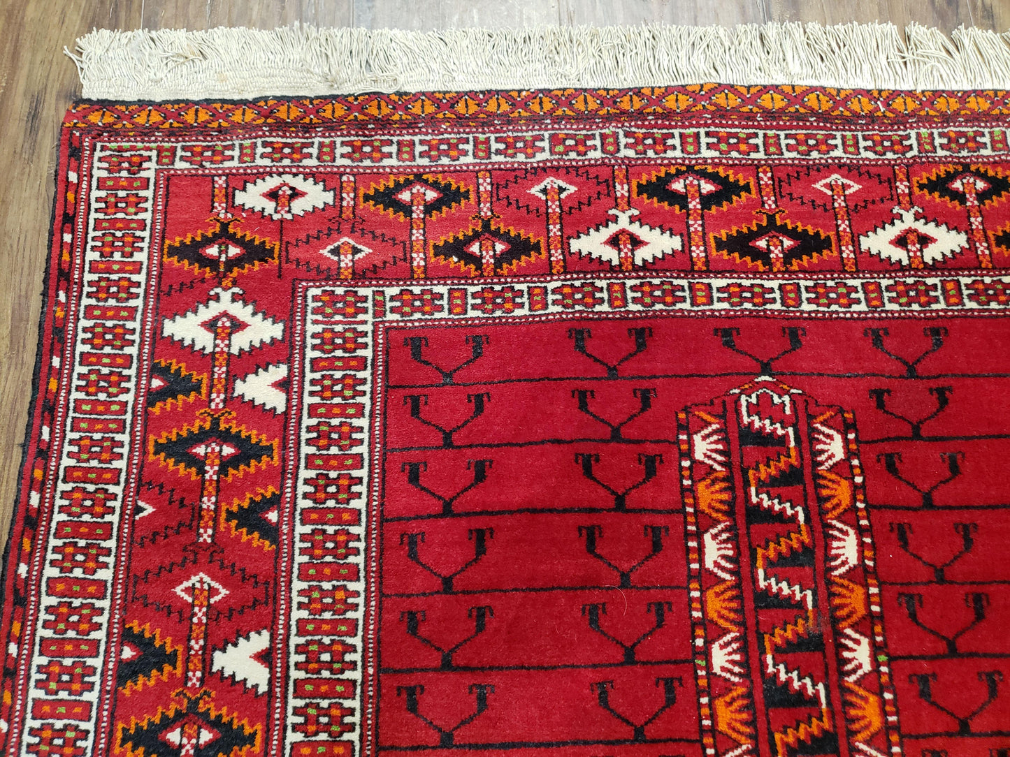 Antique Persian Turkoman Rug 4x5, Hatchli Tekkeh Ersari Red Tribal Rug, Handmade Wool Oriental Carpet, Four Seasons Rug-4