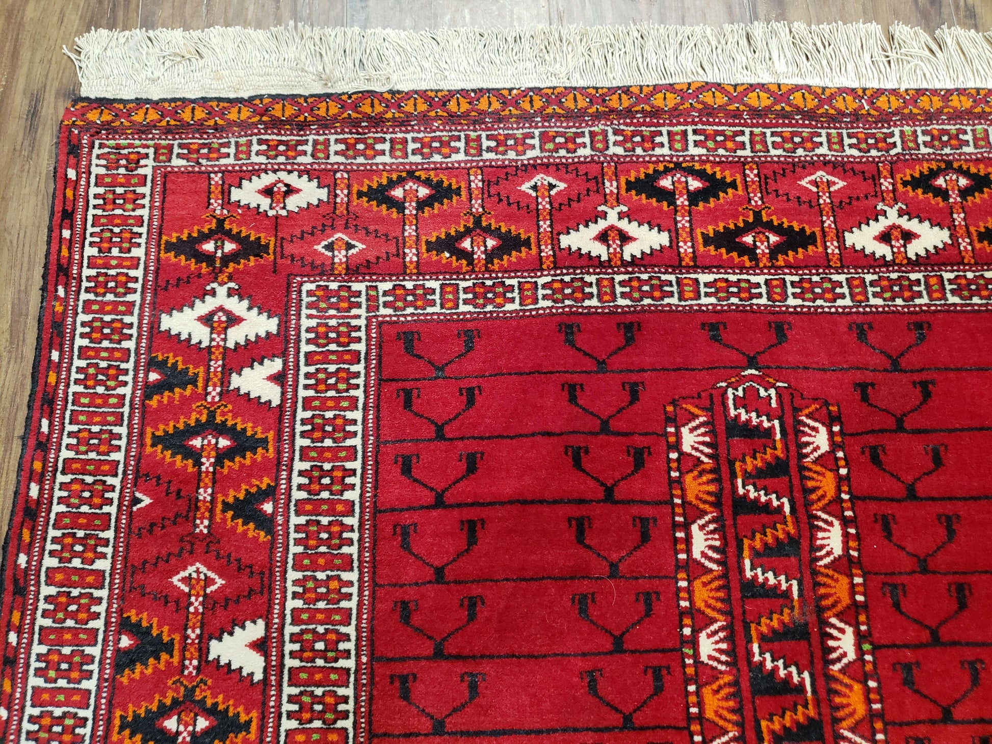 Antique Persian Turkoman Rug 4x5, Hatchli Tekkeh Ersari Red Tribal Rug, Handmade Wool Oriental Carpet, Four Seasons Rug-4