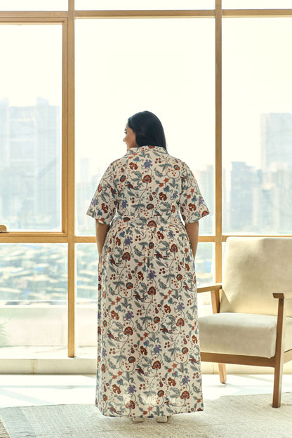 White Floral Hand-block Printed Cotton Maxi Dress