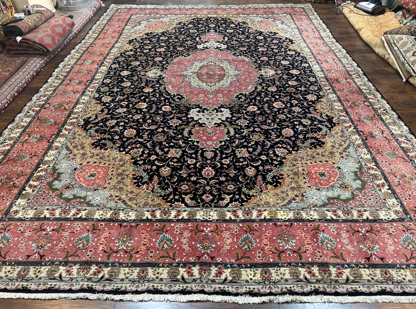 Magnificent Persian Tabriz Rug 11x16, Oversized Persian Carpet 11 x 16 ft, Wool on Silk Finely Hand Knotted, 450 KPSI, Floral Medallion, Black Pink-0