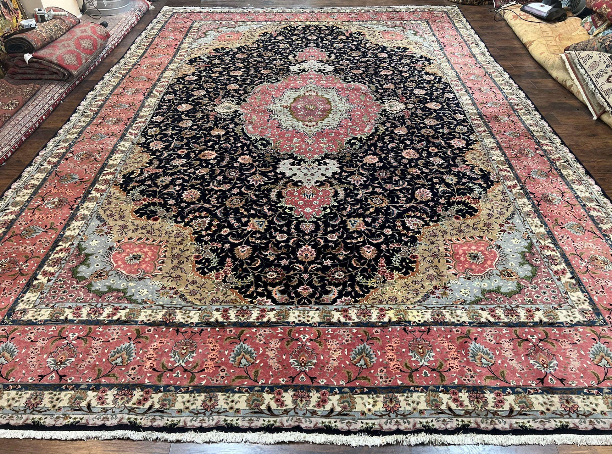 Magnificent Persian Tabriz Rug 11x16, Oversized Persian Carpet 11 x 16 ft, Wool on Silk Finely Hand Knotted, 450 KPSI, Floral Medallion, Black Pink-0