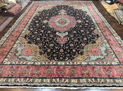 Magnificent Persian Tabriz Rug 11x16, Oversized Persian Carpet 11 x 16 ft, Wool on Silk Finely Hand Knotted, 450 KPSI, Floral Medallion, Black Pink-0
