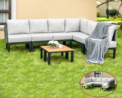 8 Pieces Patio Furniture Set Convertible Outdoor Furniture Set W/ 6" Ultra Thick Cushions and 2 Coffee Tables, All-Weather Sectional Sofa Couch, Beige-0