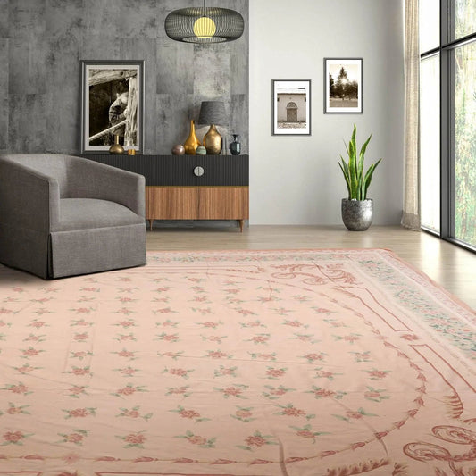 16'3''x18'6'' Hand Knotted Needlepoint 100% Wool French Aubusson Traditional Oriental Area Rug Blush, Peach Color-0