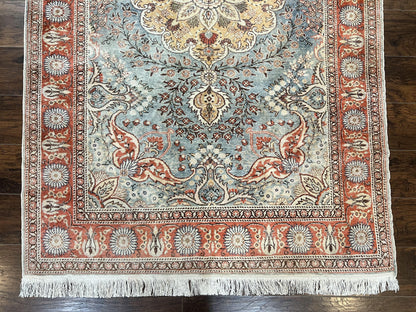 Silk Turkish Rug 5x7, Light Blue Silk Carpet, Floral Medallion, Turkish Kayseri Rug, Vintage Handmade Oriental Rug-3