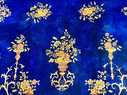 Blue Chinese Art Deco Rug 9x12, Vintage Antique Chinese Wool Rug, Chinese Fette Rug