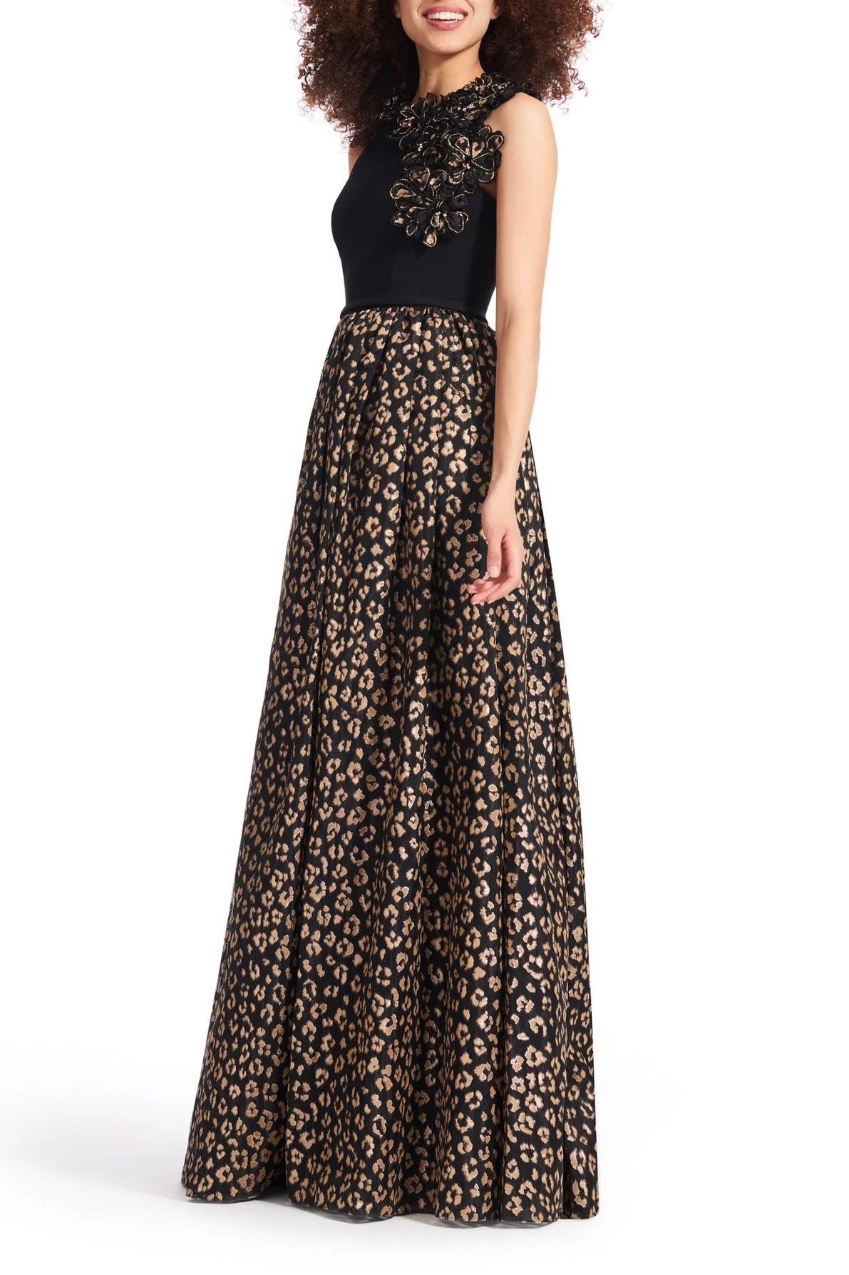 Emily Shalant Crew Neck Sleeveless Floral 3D Detail Back Zipper Long Jacquard Gown-1