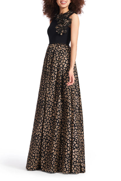 Emily Shalant Crew Neck Sleeveless Floral 3D Detail Back Zipper Long Jacquard Gown-1