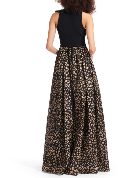 Emily Shalant Crew Neck Sleeveless Floral 3D Detail Back Zipper Long Jacquard Gown-2