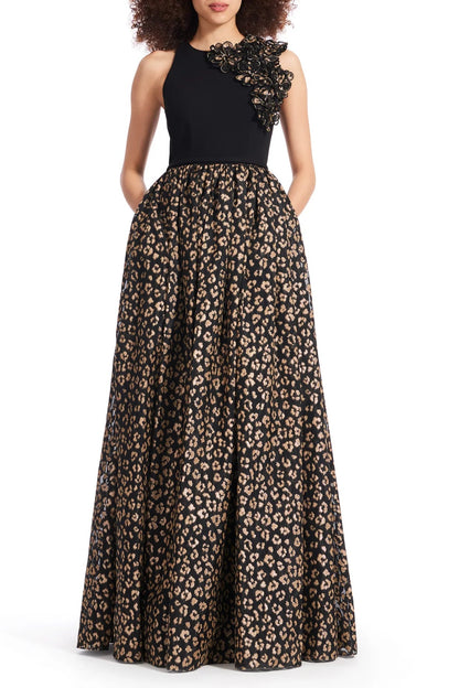 Emily Shalant Crew Neck Sleeveless Floral 3D Detail Back Zipper Long Jacquard Gown-0