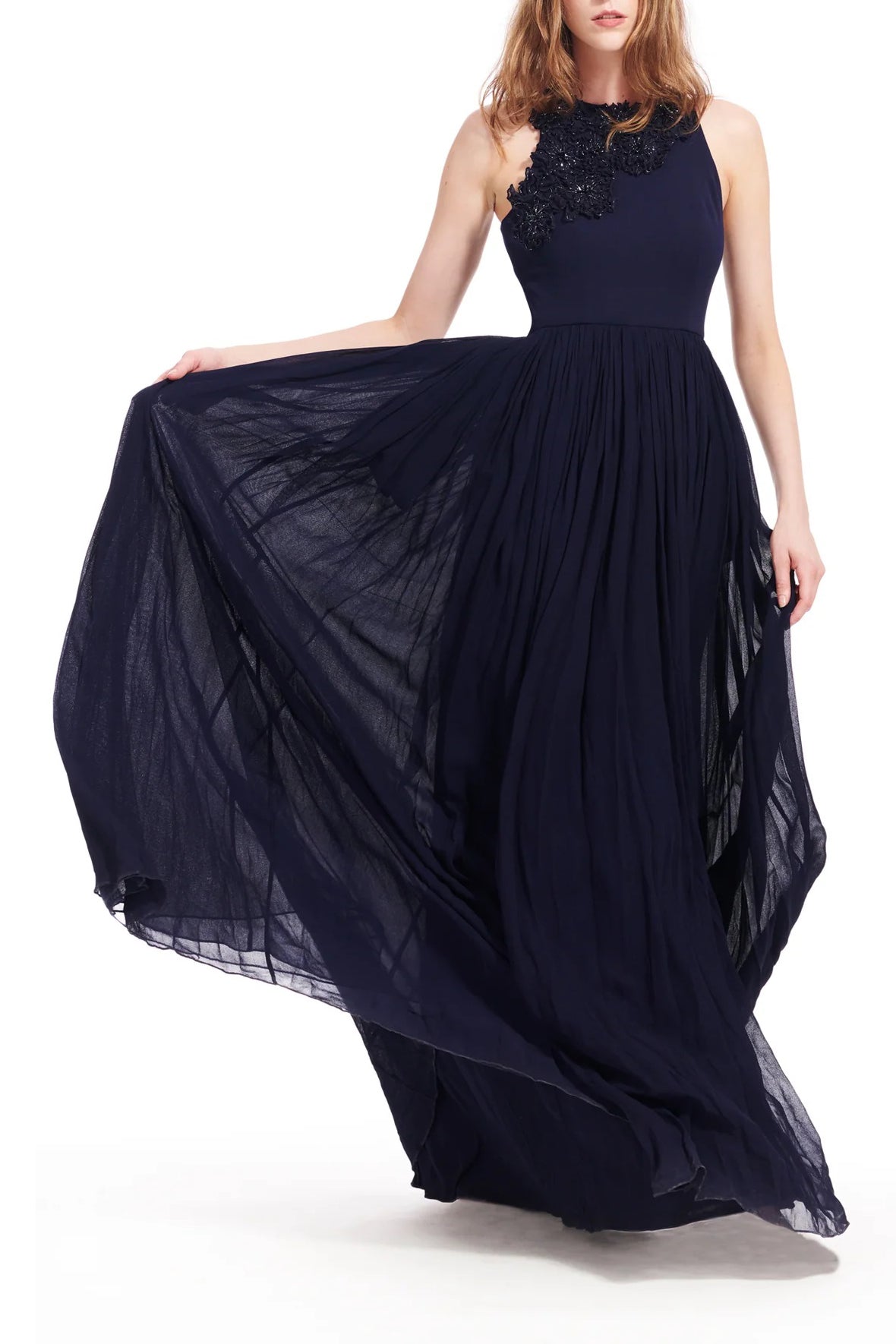 Emily Shalant Crew Neck Sleeveless Floral 3D Detail Back Zipper Long Jacquard Gown-3