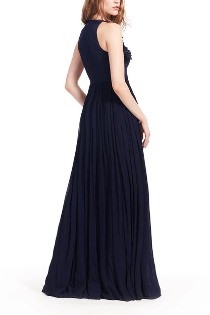 Emily Shalant Crew Neck Sleeveless Floral 3D Detail Back Zipper Long Jacquard Gown-4