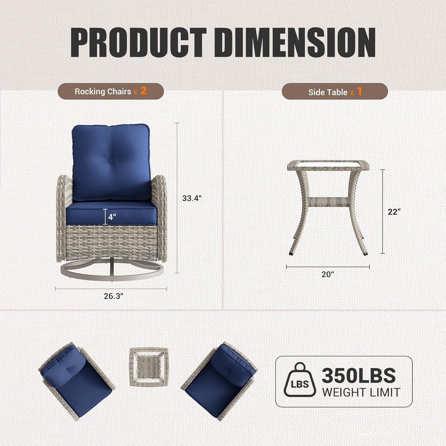 Patio Rocking Swivel Chair Outdoor Wicker Rattan Bistro Set with Tempered Glass Side Table, Outdoor Patio Furniture Set for Garden, Deck, and Balcony, Blue