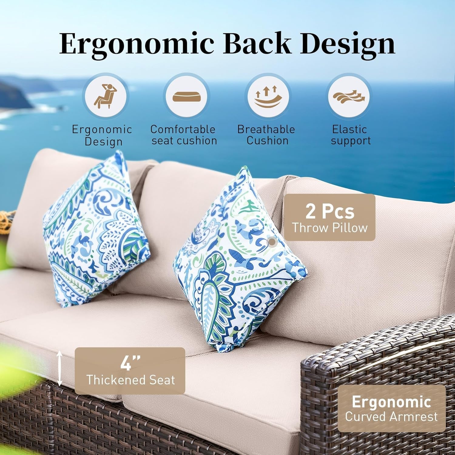 Patio Furniture Set Outdoor Furniture Brown Wicker Rattan Patio Conversation Sets with Cushion outside Sofa Set,7 Pieces with Rectangular Firepit Table,9 Seats,Beige-3