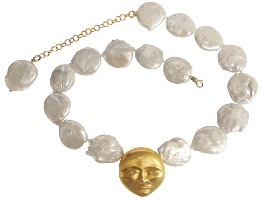 18K Gold Face, Diamond Eyes, Huge coin pearl necklace.  Someone to Watch Over Me-Sun/ Moon Collection-0