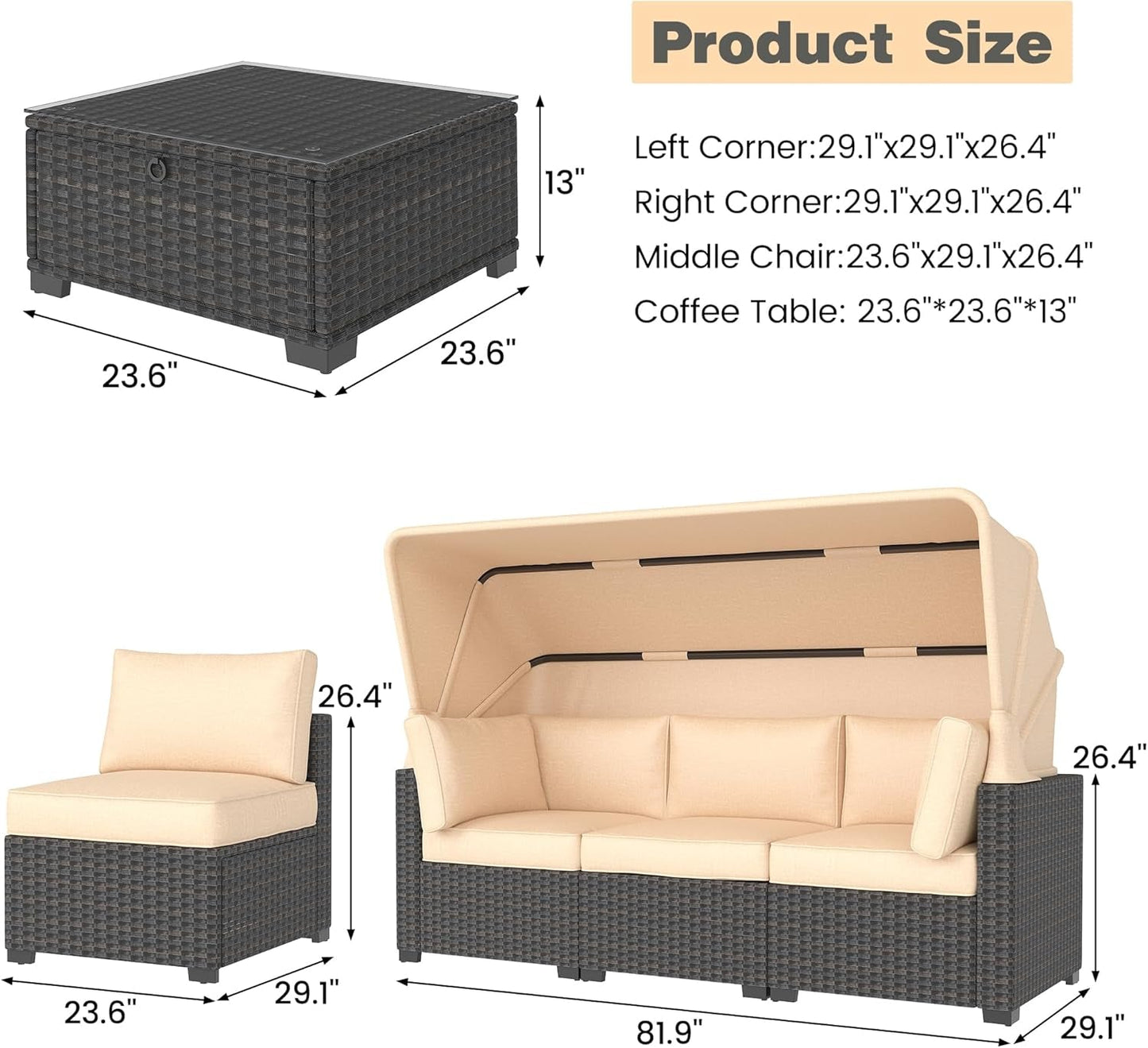 Outdoor Daybed with Canopy,6 Pieces Patio Furniture Sets Adjustable Backrest PE Gradient Wicker Sectional Furniture Set with Tempered Glass Side Table