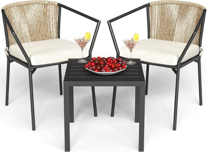 Wicker 3-Piece Outdoor Bistro Set, All-Weather Patio Conversation Set with Stackable Chairs & Table, Outdoor Sectional Furniture Set for Balcony, Backyard, Pool, Porch, Deck - Beige-0