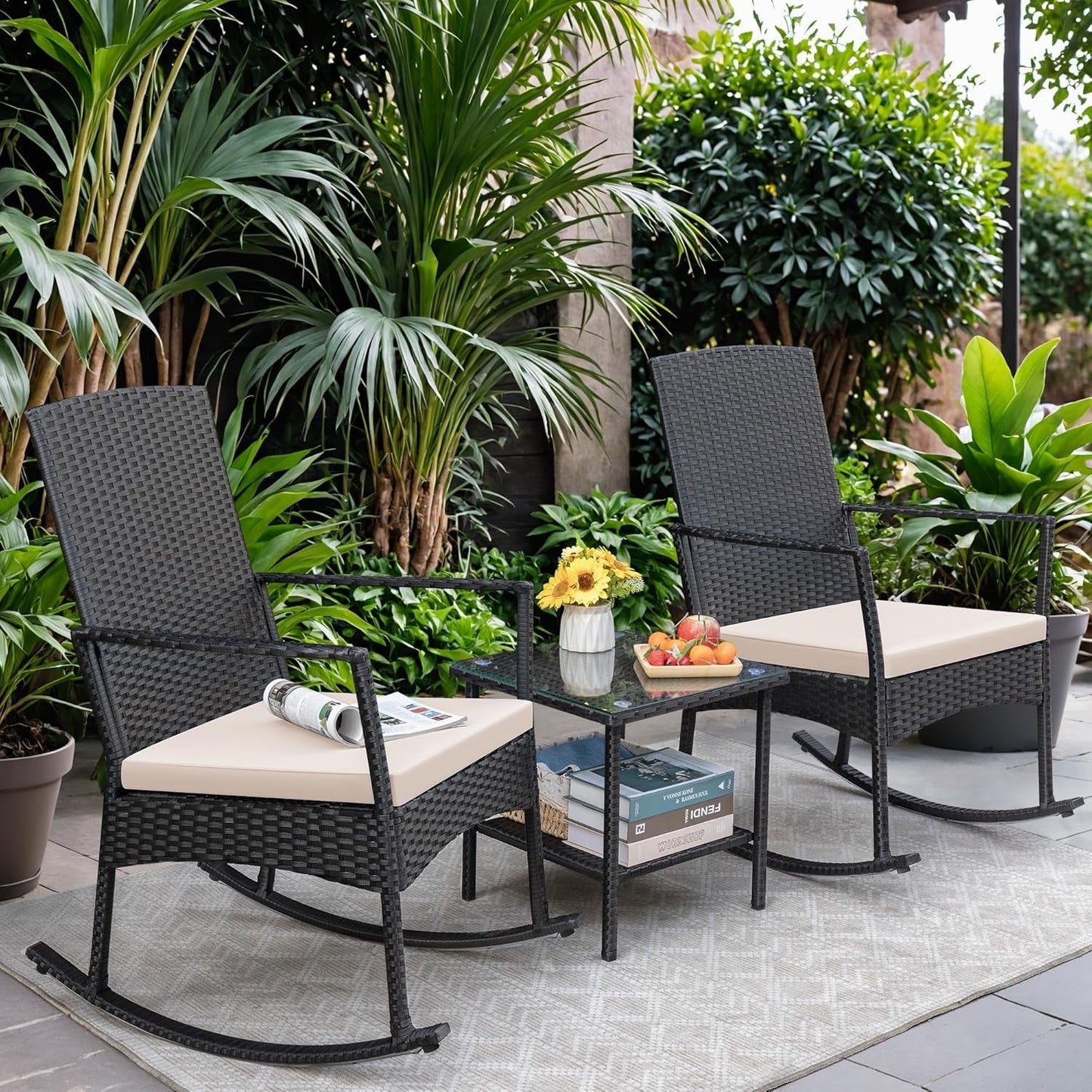 3 Pieces Patio Furniture Set Outdoor Wicker Rocking Chairs with Glass Coffee Table for Garden Backyard Porch Poolside, Beige-1