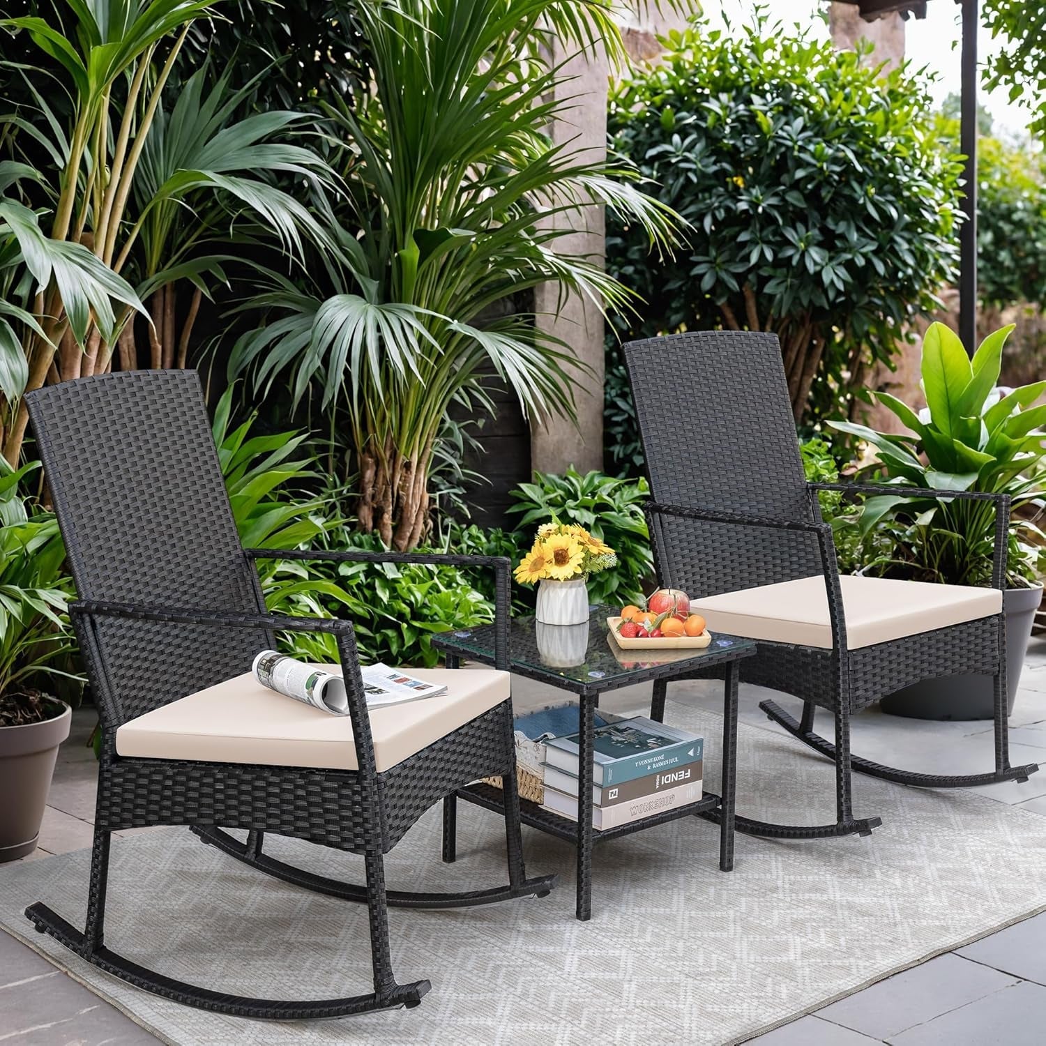 3 Pieces Patio Furniture Set Outdoor Wicker Rocking Chairs with Glass Coffee Table for Garden Backyard Porch Poolside, Beige-1