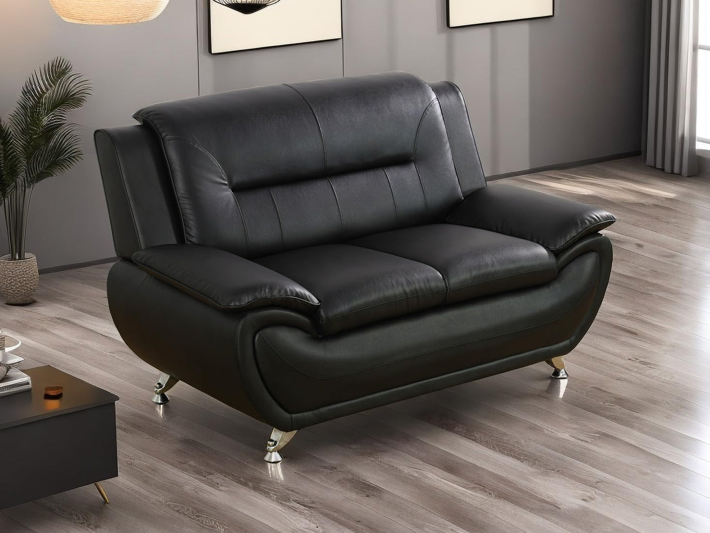 Contemporary Living Room Furniture Set, Faux Leather Sofa Set for Living Room/House/Bedroom/Office/Apartment (Black-B, Loveseat), F45&F46