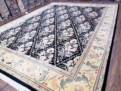 Black Kirman Rug, 8x11 - 9x12 Rug, Sino-Persian Rug, Floral Oriental Carpet, Handmade Rug, Black and Ivory Rug, Room Sized Area Rug, Wool