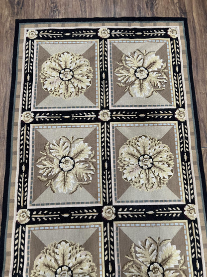 Needlepoint Runner Rug 3x8 Panel Design Rug, Flatweave Runner Rug, English Design, Floral, Short Runner Rug, Black and Beige Wool Hand-Woven-4