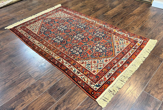 Persian Malayer Rug 4x7, Tribal Rug, Geometric, Antique Oriental Carpet, Red Blue Cream, Boho Rug, Hand Knotted Wool Rug