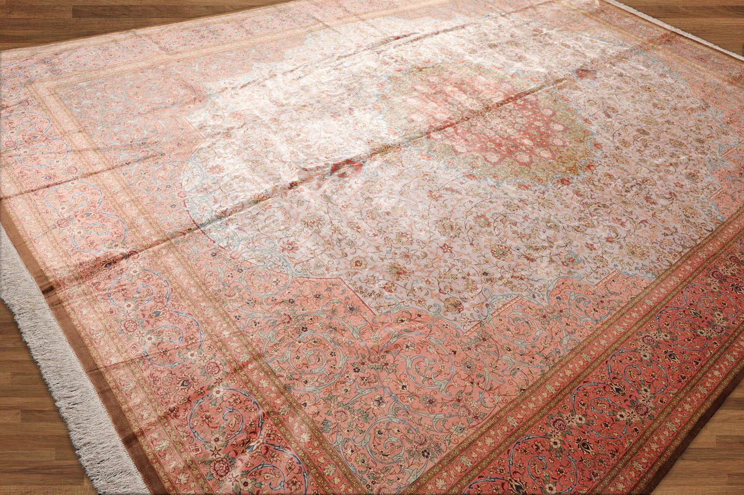 9x12 Gray, Blush Hand Knotted 100% Silk Traditional Authentic Kum 500 KPSI Oriental Area Rug-2