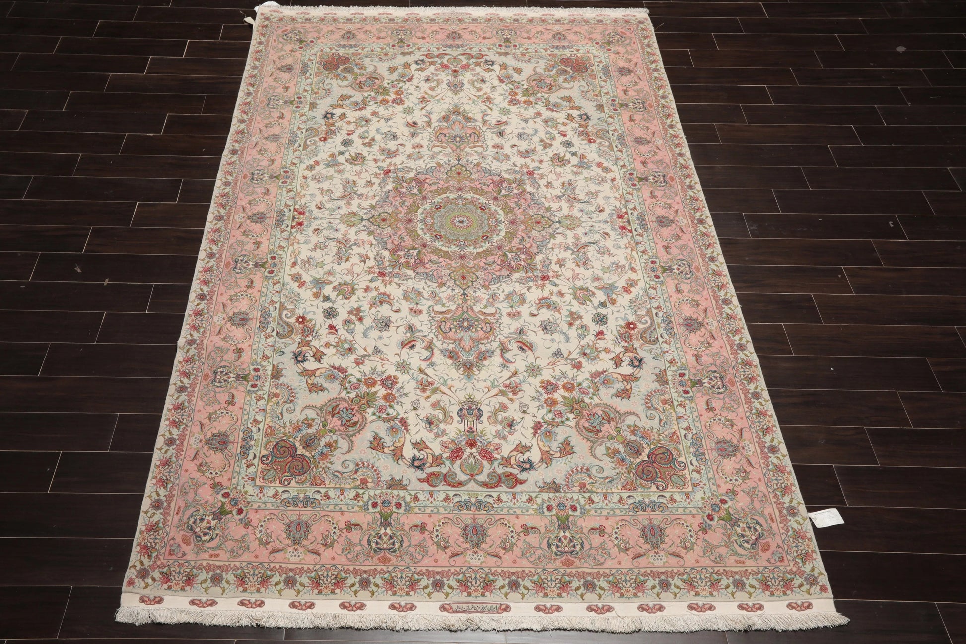 6x9 Hand Knotted Wool and Silk Traditional Tabriz Master Weaver Signed 400 KPSI Oriental Area Rug Ivory, Blush Color-2