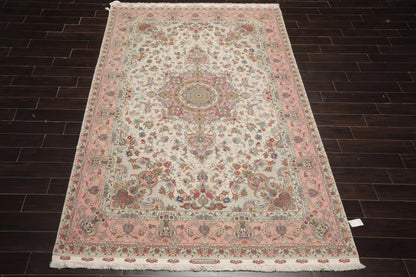 6x9 Hand Knotted Wool and Silk Traditional Tabriz Master Weaver Signed 400 KPSI Oriental Area Rug Ivory, Blush Color-2