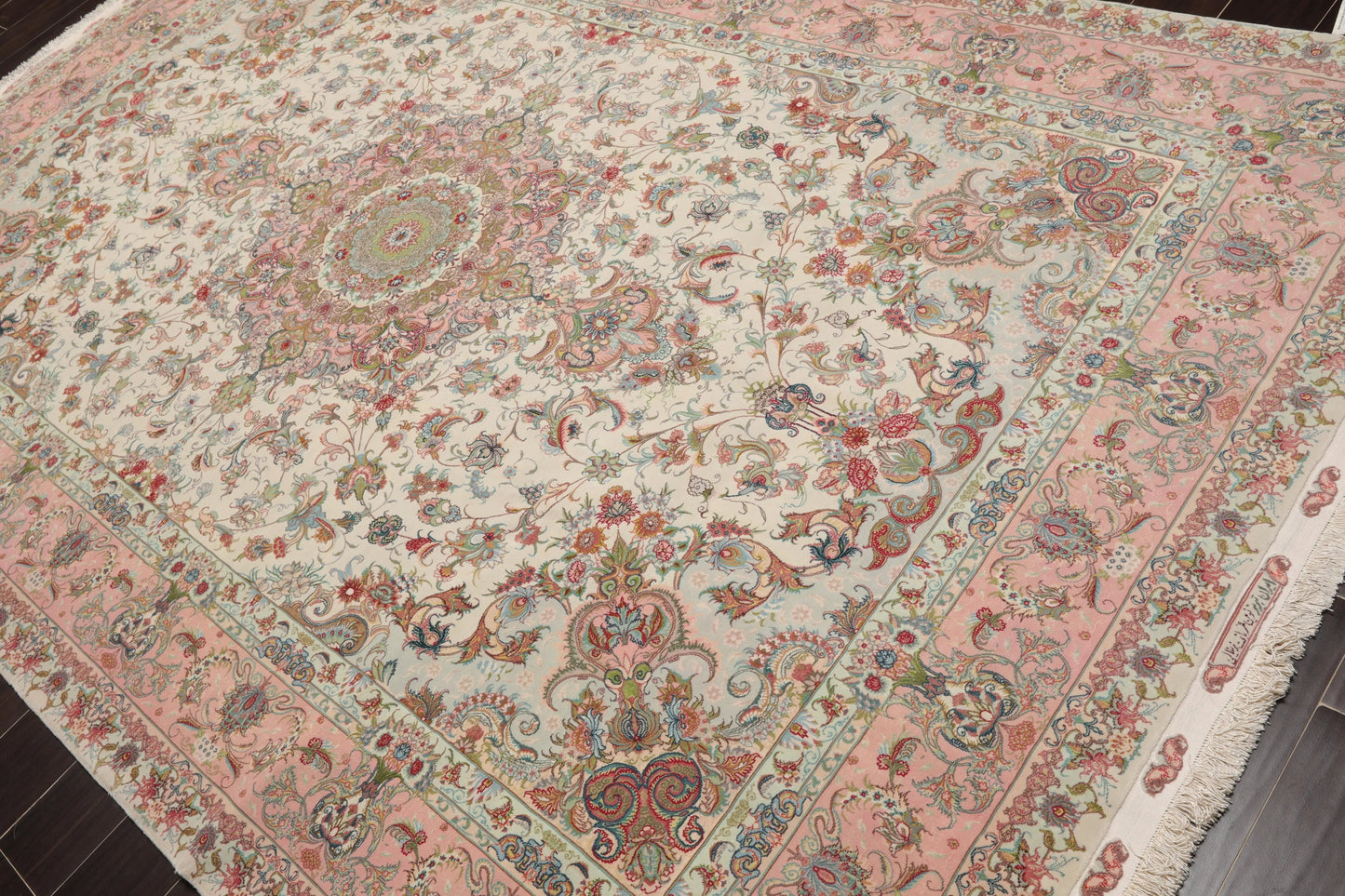 6x9 Hand Knotted Wool and Silk Traditional Tabriz Master Weaver Signed 400 KPSI Oriental Area Rug Ivory, Blush Color-3
