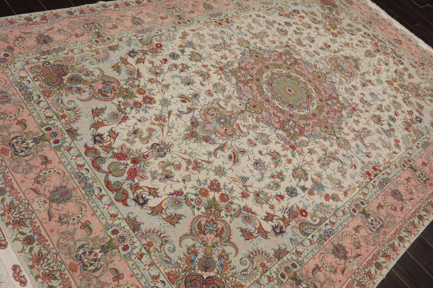 6x9 Hand Knotted Wool and Silk Traditional Tabriz Master Weaver Signed 400 KPSI Oriental Area Rug Ivory, Blush Color-4