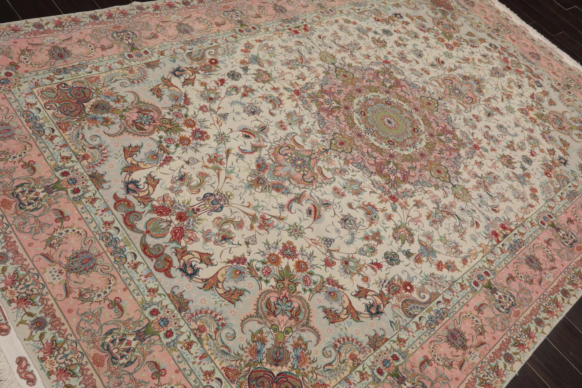 6x9 Hand Knotted Wool and Silk Traditional Tabriz Master Weaver Signed 400 KPSI Oriental Area Rug Ivory, Blush Color-4